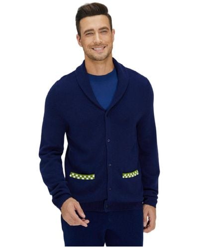 Bellemere New York Bellemere Navy And Green Merino Cardigan - Blue