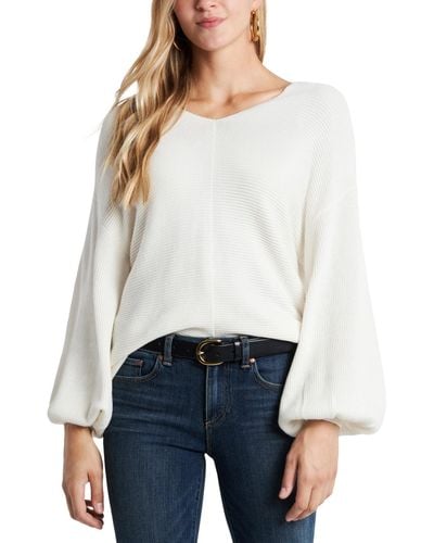 1.STATE Rib-knit Bubble Sleeve Long Sleeve Sweater - White