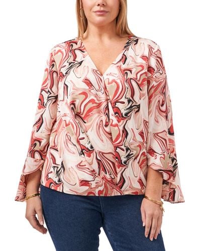 Vince Camuto Plus Size Marble Print Faux Wrap Top - Red