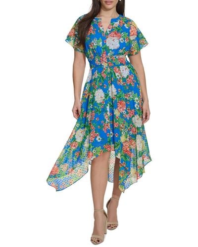 Kensie Floral-print Clip-dot Midi Dress - Blue