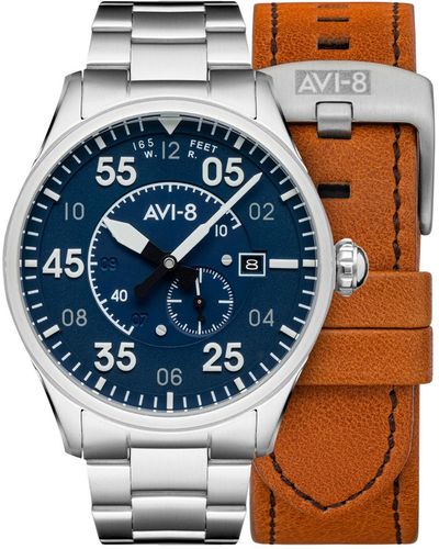AVI-8 Spitfire Solid Stainless Steel Bracelet And Brown Genuine Leather Strap Watch - Metallic