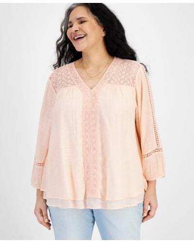 Style & Co. Plus Size Lace-trim Long-sleeve Top - Natural