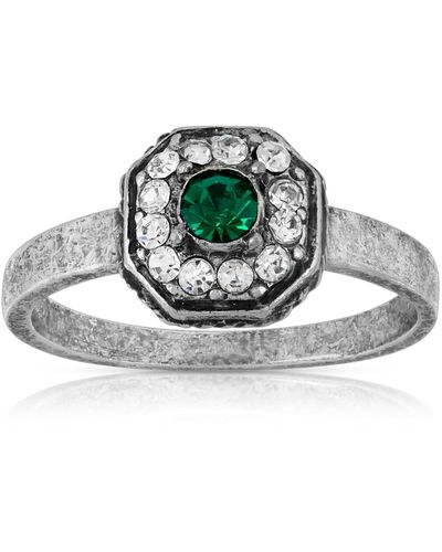 2028 Pewter And Clear Crystal Octagonal Ring - Green