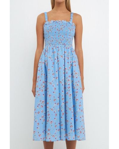 English Factory Floral Print Smocked Dress - Blue