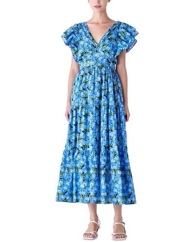 English Factory Floral-print Tiered Flutter-sleeve Dress - Blue