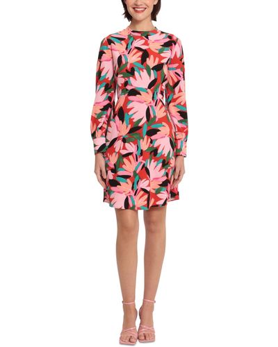 Donna Morgan Floral-print Buttoned-cuff Long-sleeve Dress - Red