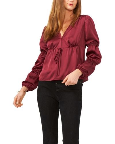 1.STATE Long Bubble Sleeve V-neck Tie Blouse - Red
