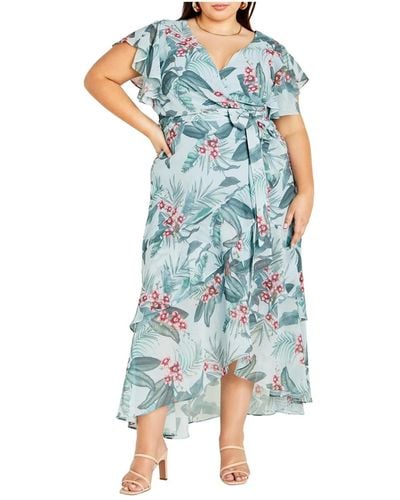 City Chic Plus Size Flirty Tier Print Maxi Dress - Blue