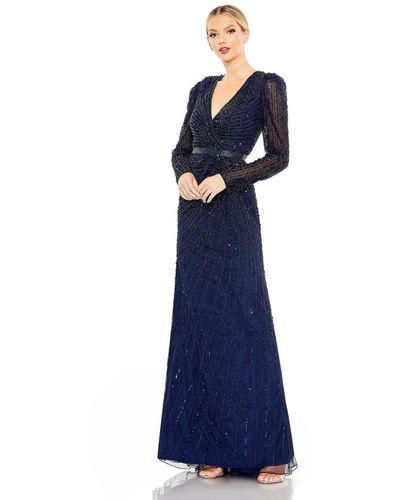 Mac Duggal Sequined Wrap Over Long Sleeve Gown - Blue