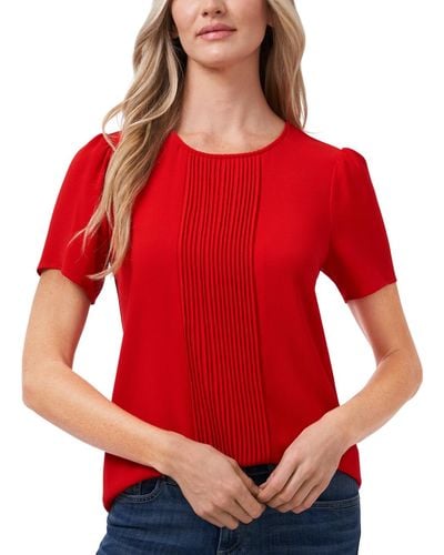 Cece Pintucked Front Short Sleeve Crew Neck Blouse - Red
