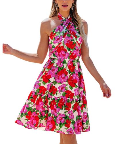 CUPSHE & Red Floral Crossover Halterneck Mini Beach Dress