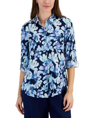 Charter Club Petite 100% Linen Bloom Print Roll-tab Button Front Top - Blue