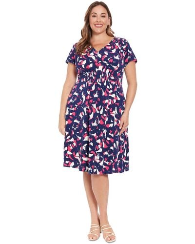 London Times Plus Size Printed Smocked-front Dress - Blue