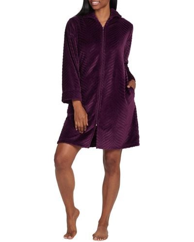 Miss Elaine Solid Long-sleeve Short Zip Fleece Robe - Purple