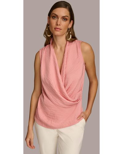 Donna Karan Sleeveless Faux Wrap Top - Pink