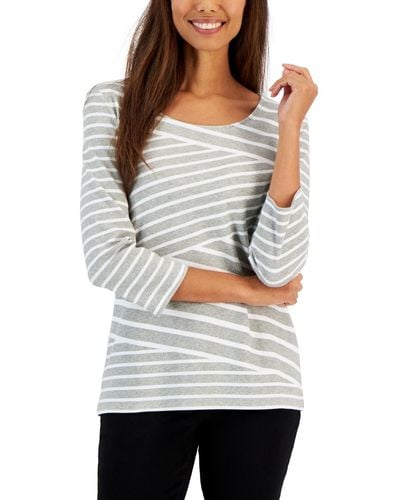 Karen Scott Callie Asymmetrical-stripe 3/4-sleeve Top - Gray