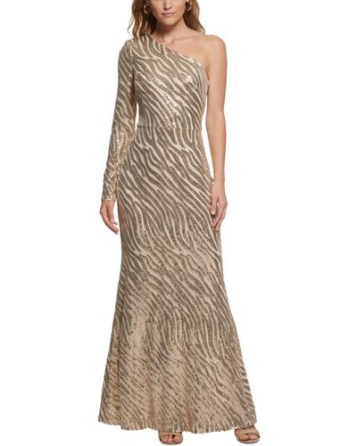 Vince Camuto Petite Sequined Tiger-striped One-shoulder Gown - Brown