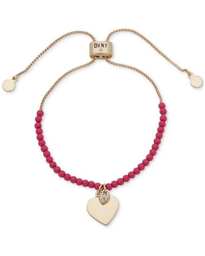 DKNY Gold-tone Pave Heart Charm Beaded Slider Bracelet - White