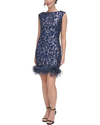 Eliza J Feather-trim Sequin Sheath Dress - Blue