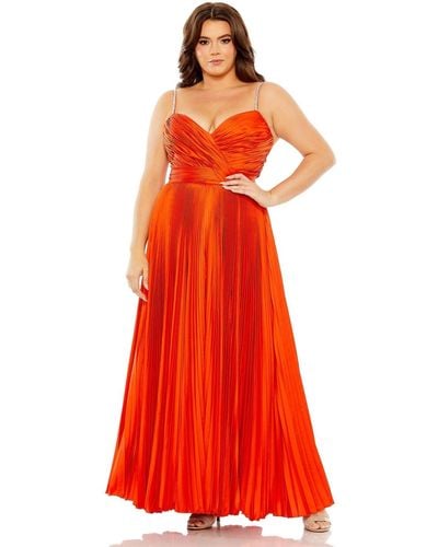 Mac Duggal Plus Size Rhinestone Strapped Embellished Pleated Gown - Red