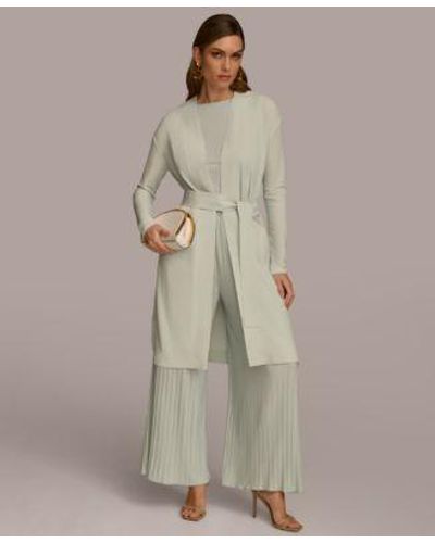 Donna Karan Tie Front Long Cardigan Pleated Pull On Pant - Natural