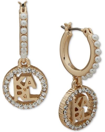 Karl Lagerfeld Gold-tone Pave Logo Charm Imitation Hoop Earrings - Metallic