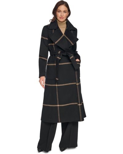 DKNY Plaid Maxi Wool Blend Coat - Black