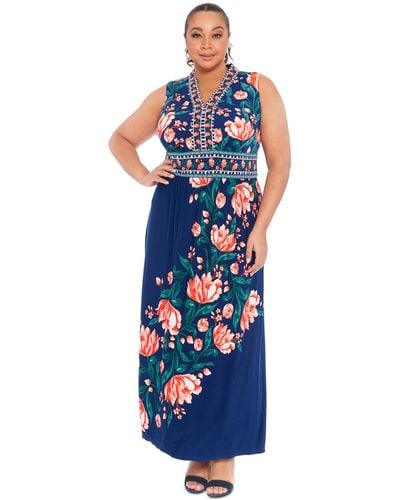 London Times Plus Size Floral Sleeveless Maxi Dress - Blue