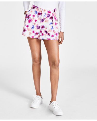BarIII Floral-print Pleated Shorts - Pink