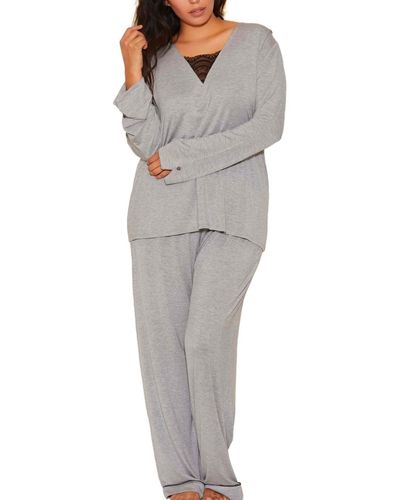 iCollection Plus Size Contrast Lace And Modal Comfy Sleep And Lounge Set - Gray