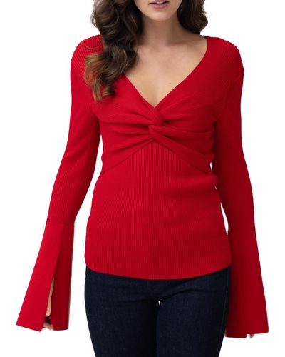 Adrienne Landau Twist-front Bell-sleeve Ribbed Knit Sweater - Red