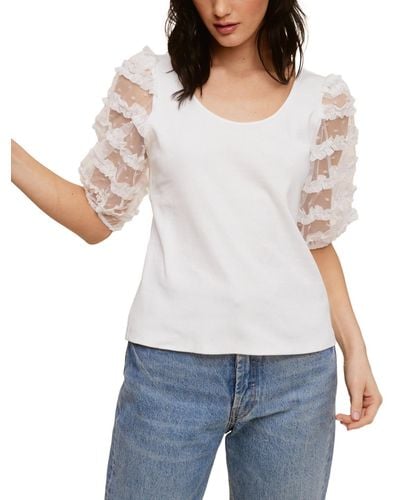 Fever Ribbed Knit Top With Ruffle Mesh Puff Sleeve - White