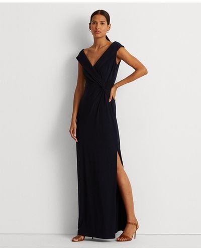 Lauren by Ralph Lauren Jersey Off-the-shoulder Side-slit Column Gown - Blue