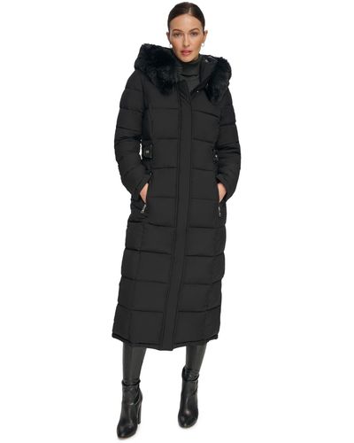 DKNY Faux-fur-trim Hooded Maxi Puffer Coat - Black