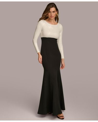 Donna Karan Long-sleeve Sequin Top Gown - White