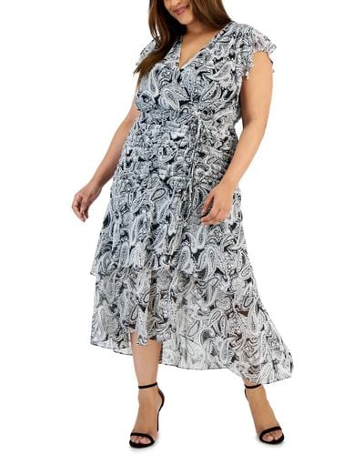Tahari Plus Size Paisley-print Ruched-waist Midi Dress - Blue
