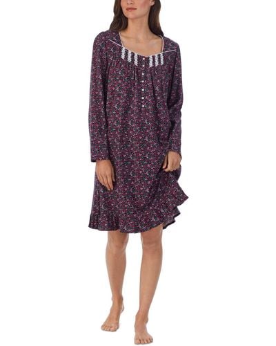 Eileen West Cotton Ruffled Lace-trim Nightgown - Purple