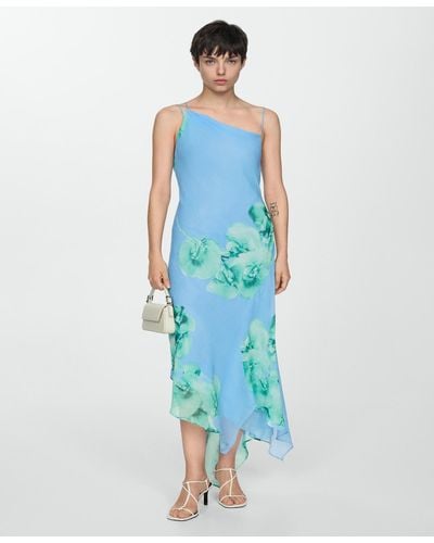 Mango Asymmetric Floral Dress - Blue
