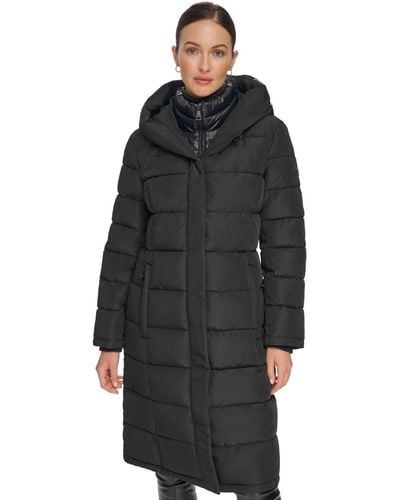 DKNY Bibbed Hooded Puffer Coat - Black