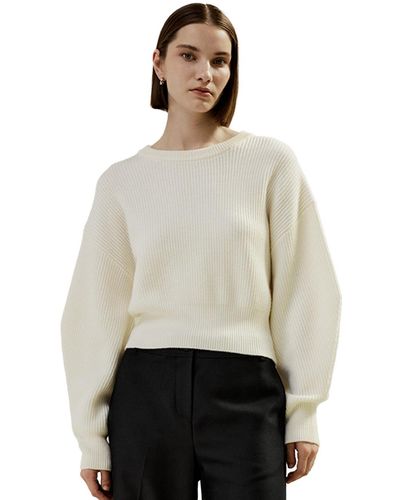 LILYSILK Round Neck Drop-shoulder Merino Wool Sweater - White