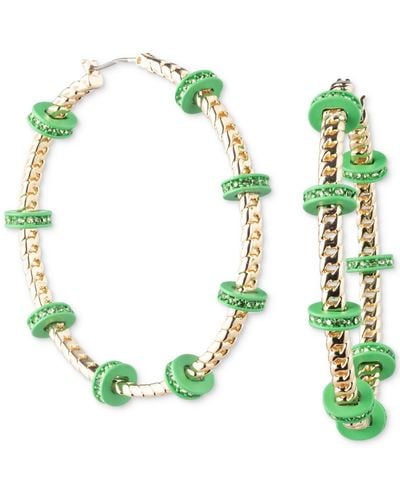 Karl Lagerfeld Gold-tone Medium Pave & Color Bead Curb Chain Hoop Earrings - Green