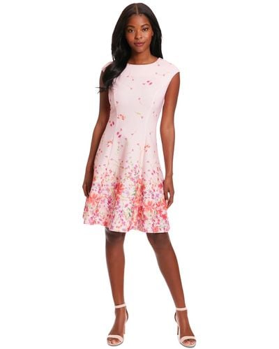 London Times Petite Printed Fit & Flare Dress - Pink