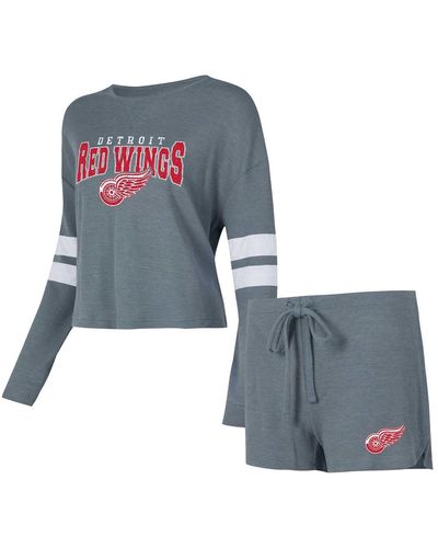 Concepts Sport Distressed Detroit Red Wings Meadow Long Sleeve T-shirt And Shorts Sleep Set - Blue