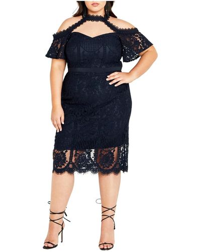 City Chic Plus Size Pippa Cold Shoulder Lace Dress - Blue