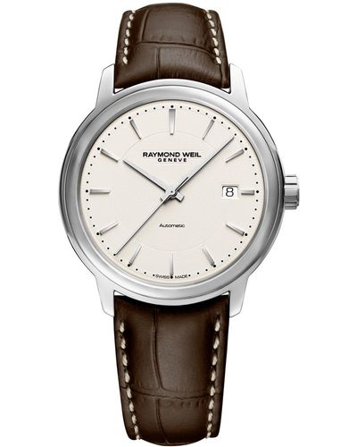 Raymond Weil Swiss Automatic Maestro Leather Strap Watch 40mm - Gray