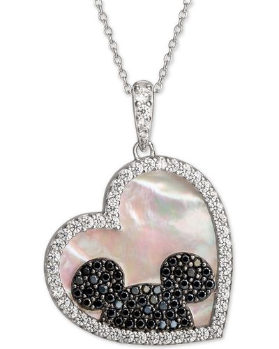 Disney Mickey Mouse Cubic Zirconia & Black Spinel Heart 18" Pendant Necklace - Metallic