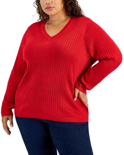Tommy Hilfiger Plus Size Ribbed Metallic-threaded Sweater - Red