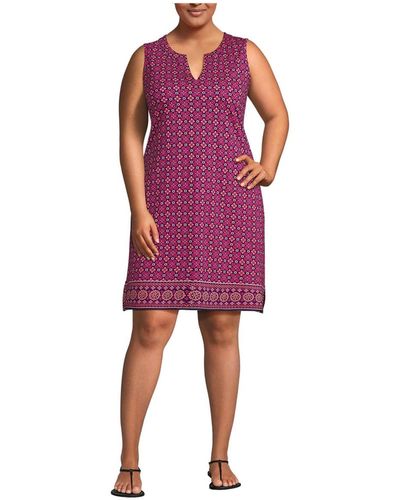 Lands' End Plus Size Cotton Jersey Sleeveless Swim Cover-up Dress Print - Red