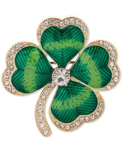 Anne Klein Gold-tone Crystal 4-leaf Clover Pin - Green