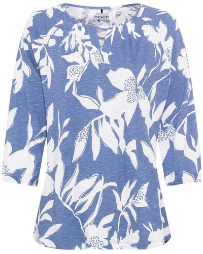 Olsen 100% Organic Cotton 3/4 Sleeve Abstract Floral Print T-shirt - Blue